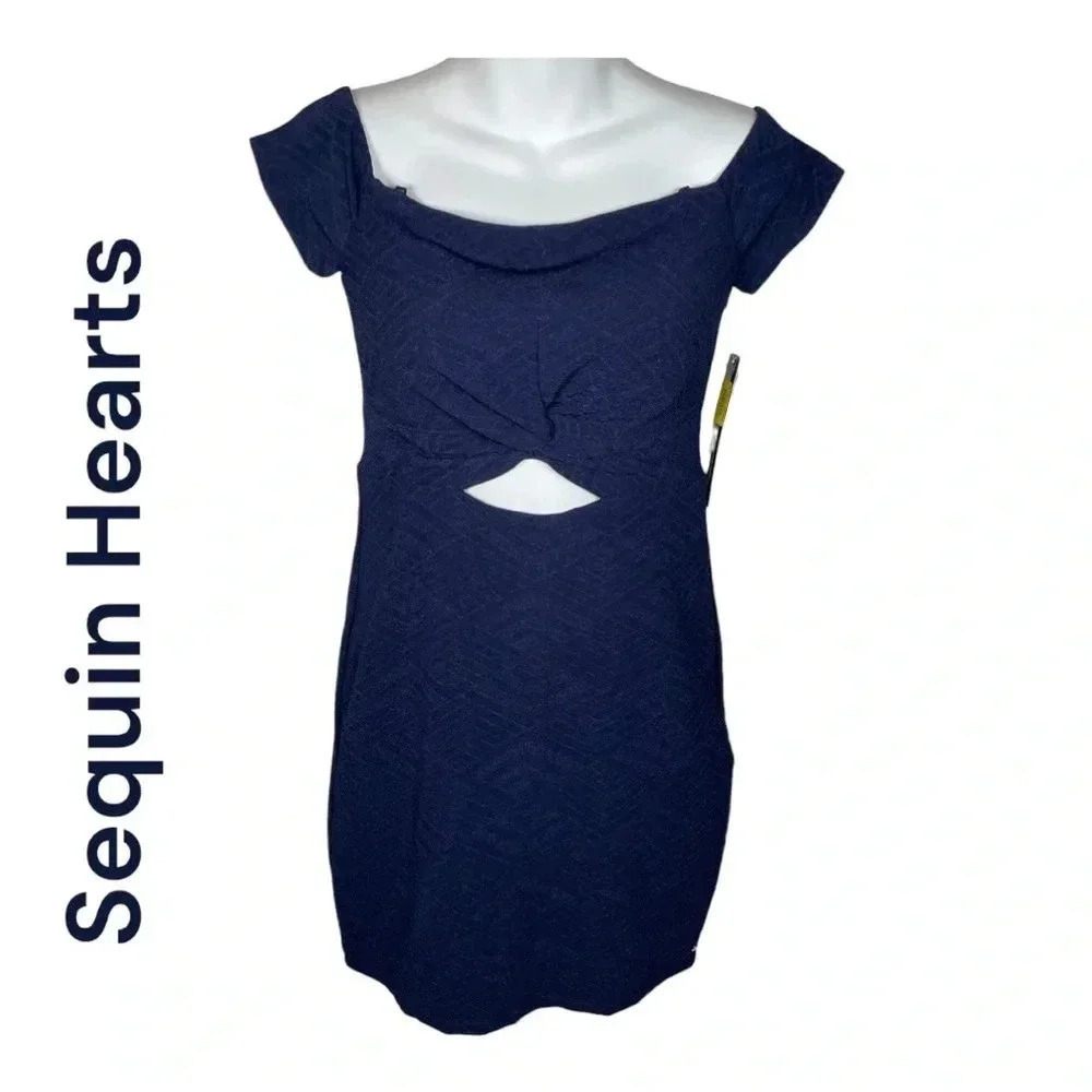 Sequin Hearts‎ Navy blue silver off the shoulder dress.  Size 5